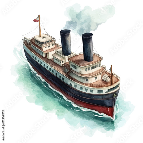 Steamer, watercolor drawing vector, isolated on a white background.