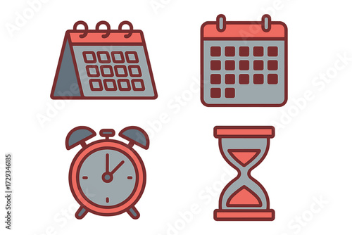 Collection of essential time management and scheduling icons featuring calendars, alarm clock, and hourglass