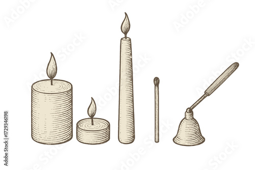 Collection of various candles, matchstick, and candle snuffer in vintage style
