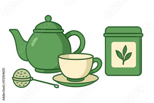 Collection of green tea accessories including a teapot, teacup, saucer, infuser, and storage tin