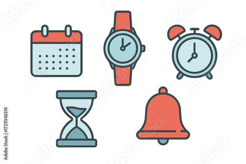 Essential time management and scheduling symbols: calendar, wristwatch, alarm clock, hourglass, notification bell