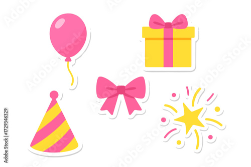Vibrant collection of party and celebration elements including a balloon gift box party hat bow and starburst