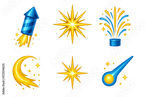 Bright collection of festive celebration elements including sparkling stars, fireworks, rocket, and comet with glowing trails