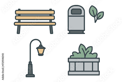 Park and street furniture elements including bench, trash can, street lamp, and planter with green leaves