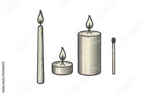 Burning wax candles and an unlit matchstick in a detailed vintage engraving style on a white background