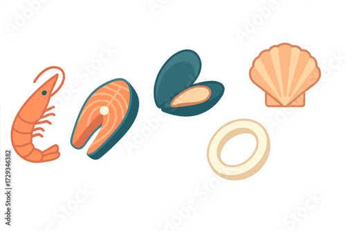 Delicious fresh seafood assortment with shrimp, salmon steak, mussels, scallop, and calamari ring, beautifully arranged for a gourmet culinary experience