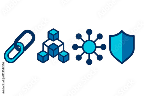 Modern digital security, blockchain technology, network connection, and hyperlink chain icons for web and app design elements