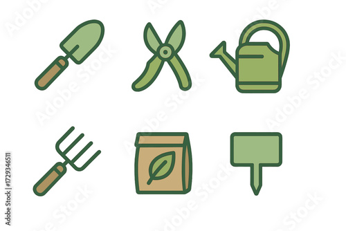 Essential gardening tools and equipment set with trowel, shears, watering can, and seed packet for spring planting and cultivation activities in the garden