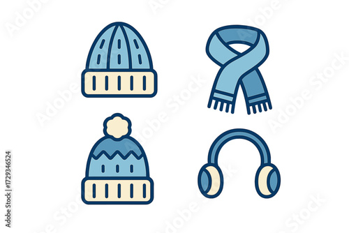 Collection of warm winter accessories including knitted hats, a cozy scarf, and protective earmuffs for cold weather