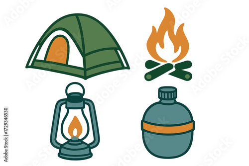 Essential outdoor camping equipment collection featuring a green tent, burning campfire, classic lantern, and water canteen