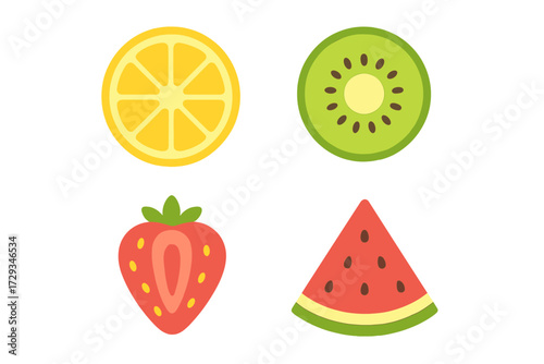 Assortment of fresh fruit slices featuring lemon, kiwi, strawberry, and watermelon on white background