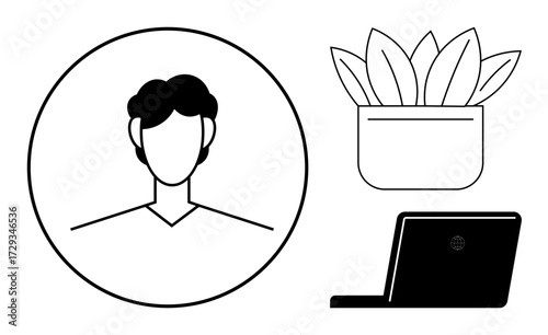 Simplistic design featuring a human profile in a circle, a laptop, and a potted plant. Ideal for workspace, productivity, remote work, creativity, organization, modern lifestyle simple flat metaphor