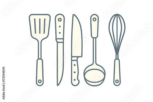 Essential kitchen cooking utensils and tools including spatula, knives, ladle, and whisk for culinary preparation