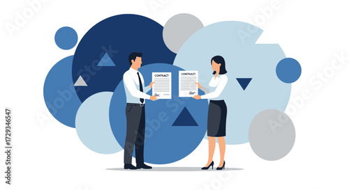 Business Professionals Sign Employment Agreement With Modern Abstract Geometric Background
