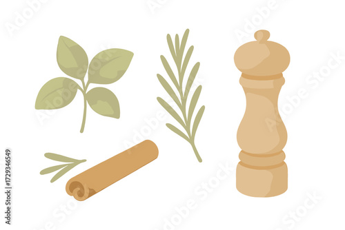 Aromatic fresh green herbs and warm brown spices including basil, rosemary, and cinnamon stick with a classic wooden pepper grinder
