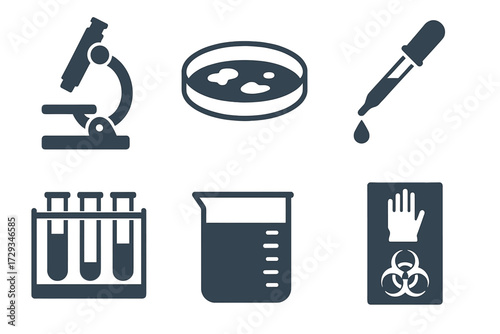 Collection of essential scientific laboratory equipment and biohazard safety symbols for research and medical applications