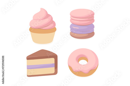Delicious pastel colored sweet desserts set featuring a cupcake, stack of macarons, slice of cake, and a donut on a clean white background