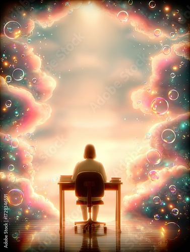 Dreamlike pathway focus art - Surreal pathway landscape - Abstract digital decision making concept - Dreamlike Workspace with Person and Fantasy Clouds for business innovation and futuristic strategy 