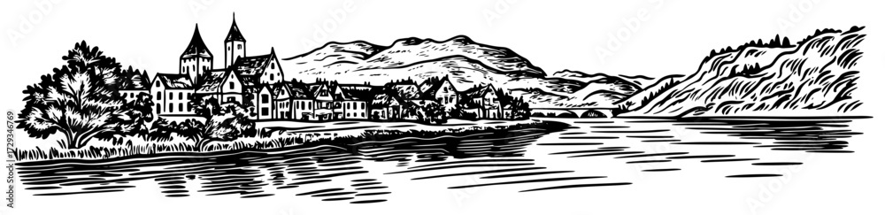 Fototapeta premium Riverside European Village With Mountains Vintage Engraving Vector