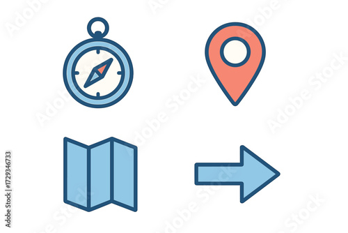 Essential navigation and direction icons set featuring a compass, folded map, location pin marker, and a right-pointing arrow