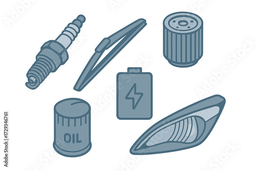 Collection of essential automotive spare parts and maintenance items for vehicle service and repair on a white background