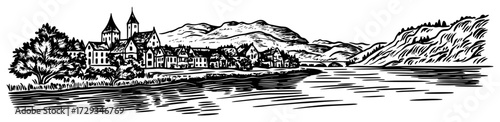 Riverside European Village With Mountains Vintage Engraving Vector