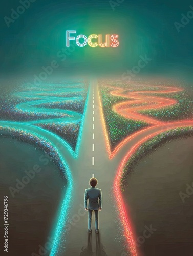 Business focus strategy metaphor - Business decision-making metaphor - Abstract digital decision making concept - Man Standing at Forked Path with Neon Lights and 'Focus' Sign for business innovation 
