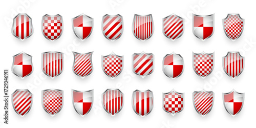 Glossy shields with red and black white. Security and protection concept. Cyber safety icons, internet privacy, web defense, digital data protection and antivirus themes. Vector illustration