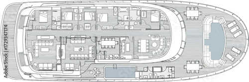 Vector art of top view floor plan of a luxury yacht showing cabins, deck, and pool areas