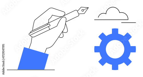 Hand writing with fountain pen beside gear and cloud icons. Ideal for creativity, innovation, workflow, problem-solving, brainstorming, technology, productivity. Simple flat metaphor