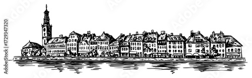 European Old Town Riverside Skyline Ink Sketch