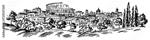 Rome Cityscape with Colosseum Ink Sketch