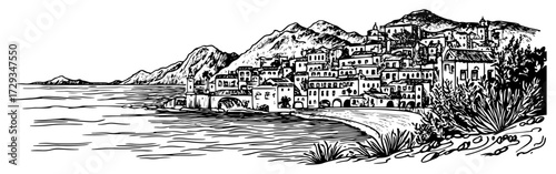 Mediterranean Coastal Town Landscape Hand Drawn Vector