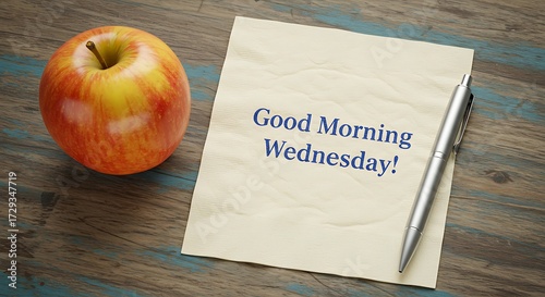 Good Morning Wednesday with Apple and Pen on Rustic Wood