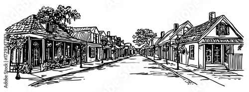 Historic Small Town Street Line Art Vector