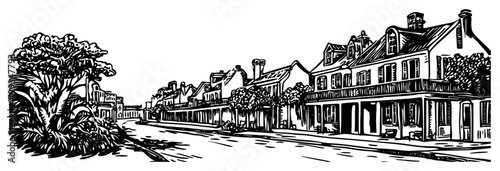 Historic Colonial Street with Wooden Verandas Vintage Engraving Vector