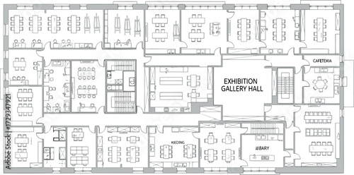 Vector art of architectural floor plan drawing of a commercial building with gallery hall and office spaces