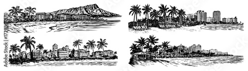 Honolulu Waikiki and Diamond Head Engraved Vector