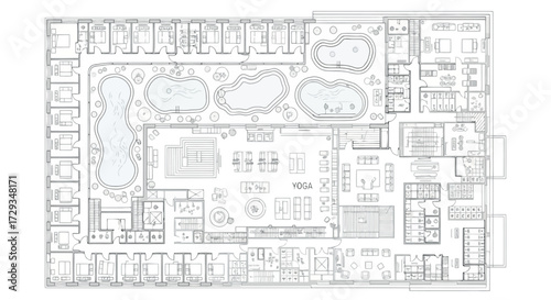 Vector art of topdown architectural plan of a building with indoor swimming pools and office spaces