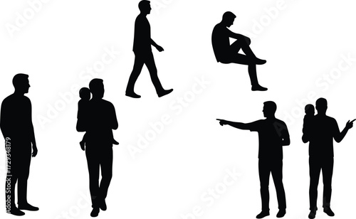 Silhouettes of men walking, standing, pointing, sitting, and holding child, daily life fatherhood and male activity vector illustration