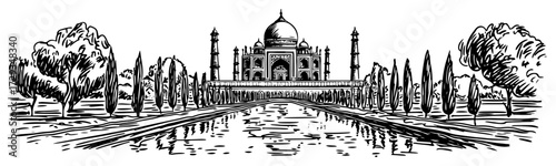 Taj Mahal Engraved Landscape with Reflecting Pool
