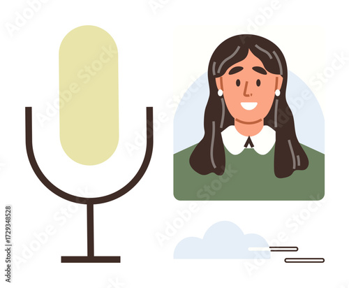 Woman smiling during a video call beside a large microphone icon. Ideal for communication, podcasting, remote work, interviews, media creation, online meetings, simple flat metaphor