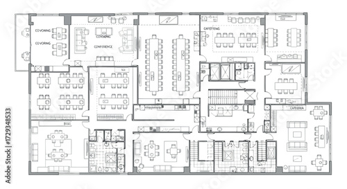Vector art of architectural floor plan blueprint of a modern office space with workstations, meeting rooms, and common areas