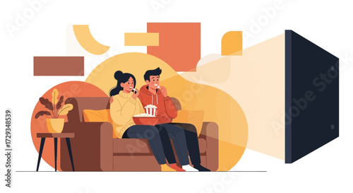 Couple Enjoying Movie Night At Home Watching Television And Eating Popcorn Together