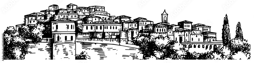 Obraz premium Italian Hilltop Town Panorama Line Art Vector