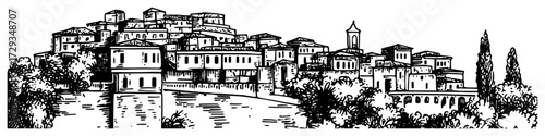 Italian Hilltop Town Panorama Line Art Vector