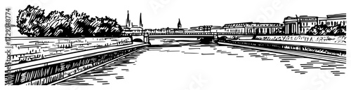River Embankment Cityscape with Bridge Panorama Line Art