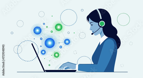 Customer service representative working on a laptop with a headset and network design