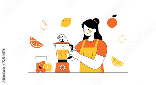 Creating Fresh Citrus Drinks: A Woman Prepares Delicious Orange Juice With Blender