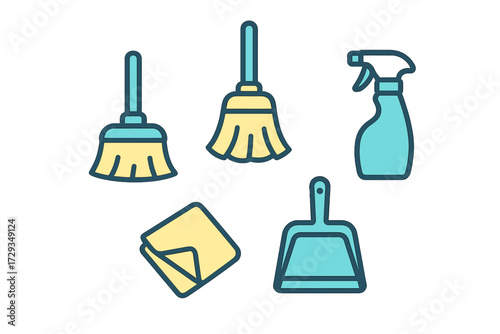 Collection of household cleaning tools including brooms, spray bottle, dustpan, and cloth for domestic hygiene